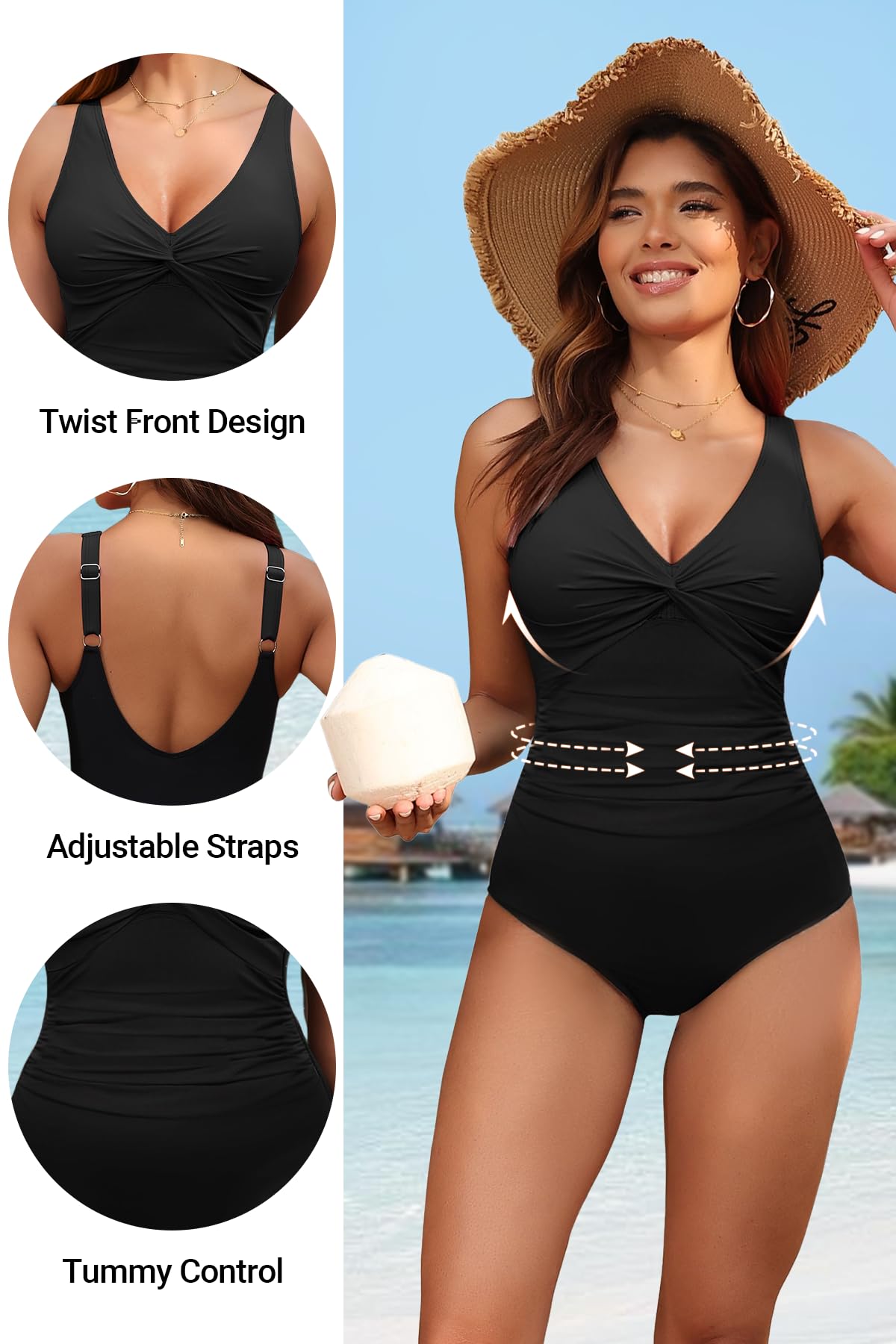 Holipick Black Women Tummy Control One Piece Swimsuit - Push Up Bathing Suit Full Coverage Slimming Swimwear XL