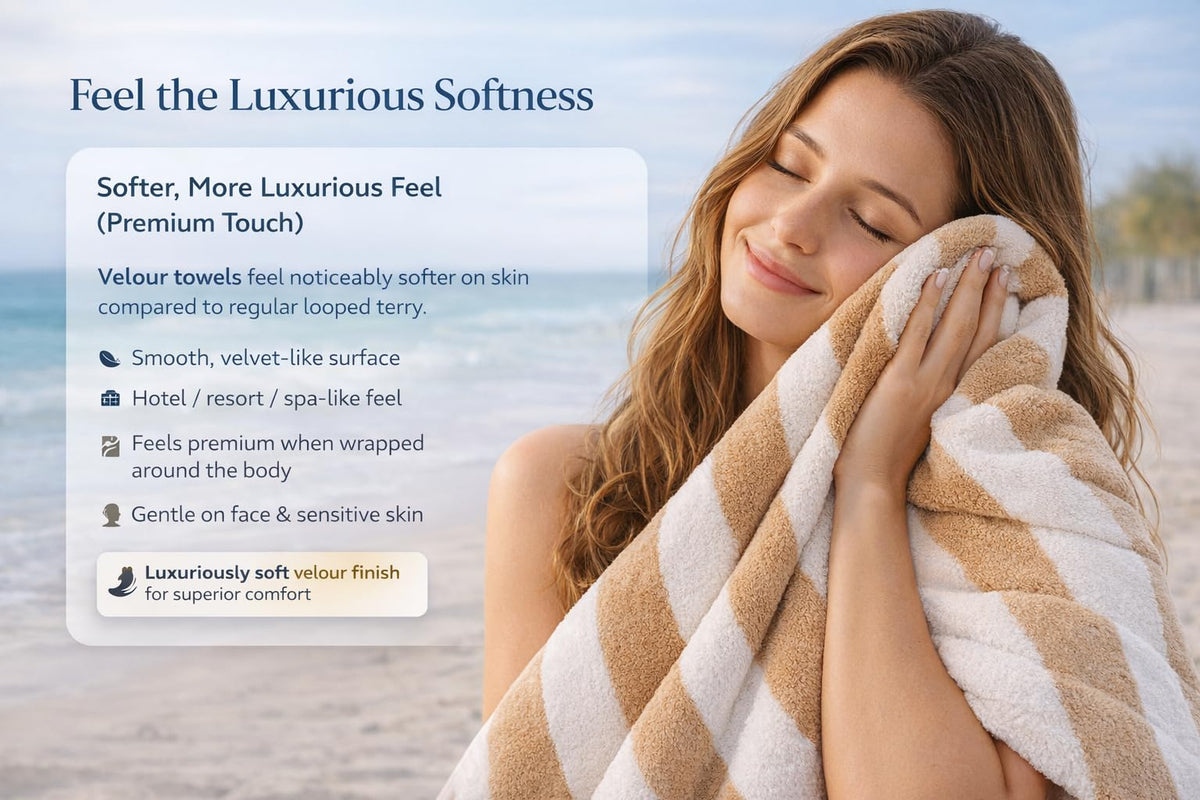 9Threads Premium Velour Cabana Beach Towel 2 Pack, 30” x 60” Soft Plush Cotton Pool Towel, Absorbent Quick Dry Towel for Beach and Pool (White Beige)