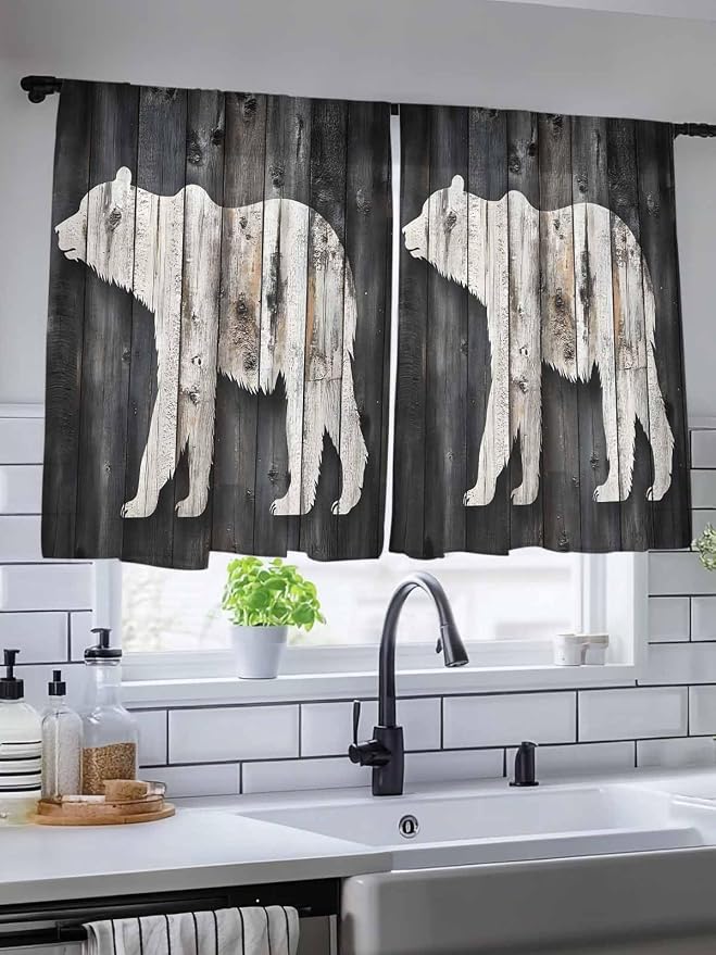 Sheer Curtains 45 Inch Length, Farmhouse Country Vintage Wood Grain Privacy