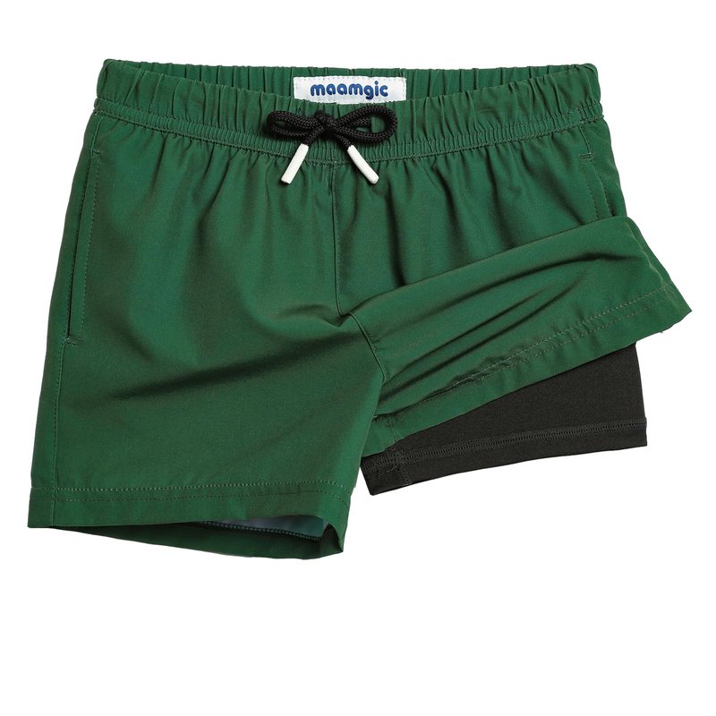 maamgic Boys Swim Trunks with Compression Liner Toddler Stretch Swim Shorts Quick Dry Swimming Trunks Boxer Brief 2 in 1 Beach Shorts Dark Green 5/6