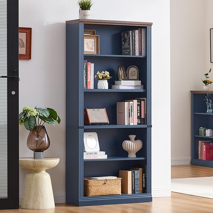 70" Blue Tall Bookshelf Set of 3,5-Tier Thick Wooden Book Shelf with Adjustable Shelves,Free Standing Farmhouse Bookcase with Open Display Storage,Floor Vintage Bookshelves for Living Room
