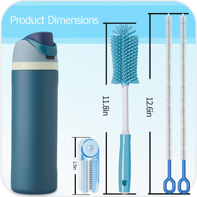 4 Pack Water Bottle Cleaner Brush Set - Silicone Bottle Brush 12.6" Heavy Duty Straw Cleaner Brush, 4 in 1 Multipurpose Cup Cleaner Kit