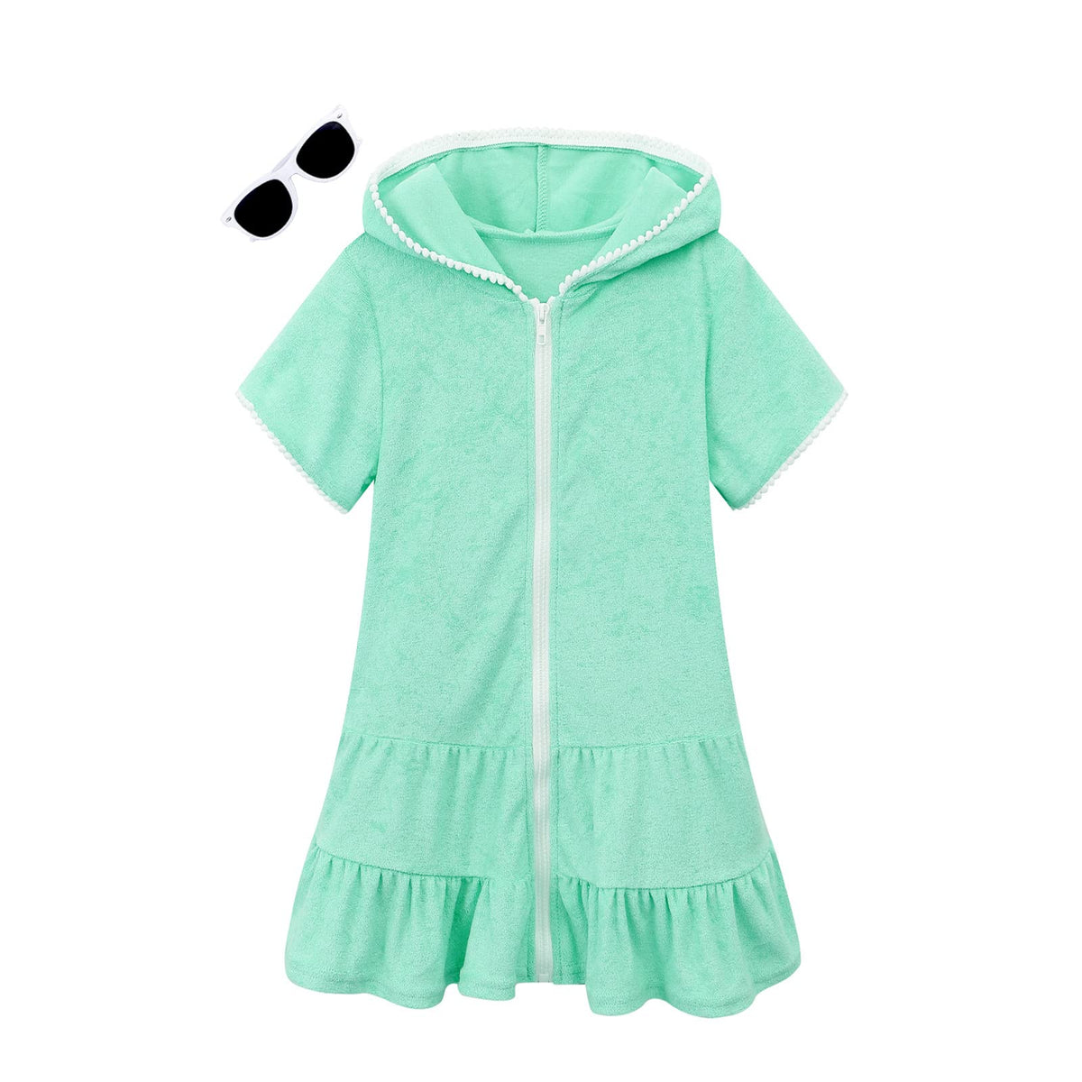 Hiiraggle Girls Swim Cover Up Terry Swimsuit Coverup Kids Zip-Up Beach Pool Bathing Suit Wraps with Sunglasses
