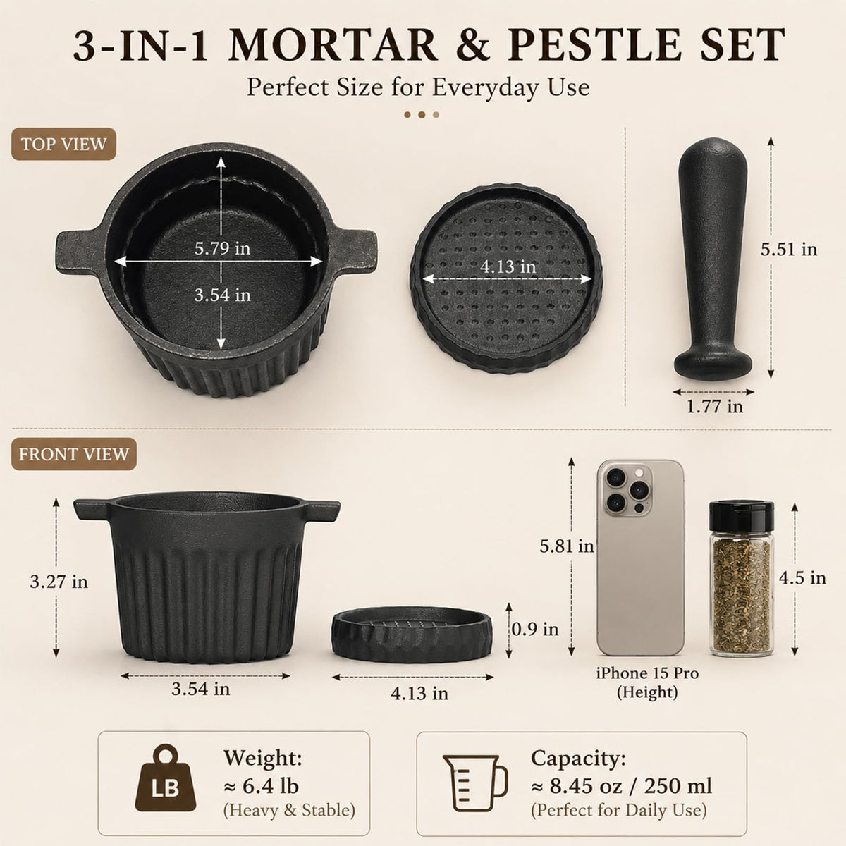 UKEMEN Cast Iron Mortar and Pestle Set, 3-Piece Small Garlic Grater Plate with Brush and Scoop, Heavy Duty Muddler and Bowl Grinder Set Perfect for Guacamole/Spices/Herbs/Solid/Metal/Glass/Rock