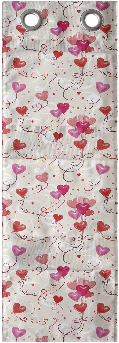 Ambesonne Valentine's Day Hanging Pocket Organizer, Print of Heart Shaped Balloons Flying Up with Mini Hearts, Printed Polyester Storage Bag with Pockets, 9" x 27", Eggshell Vermilion