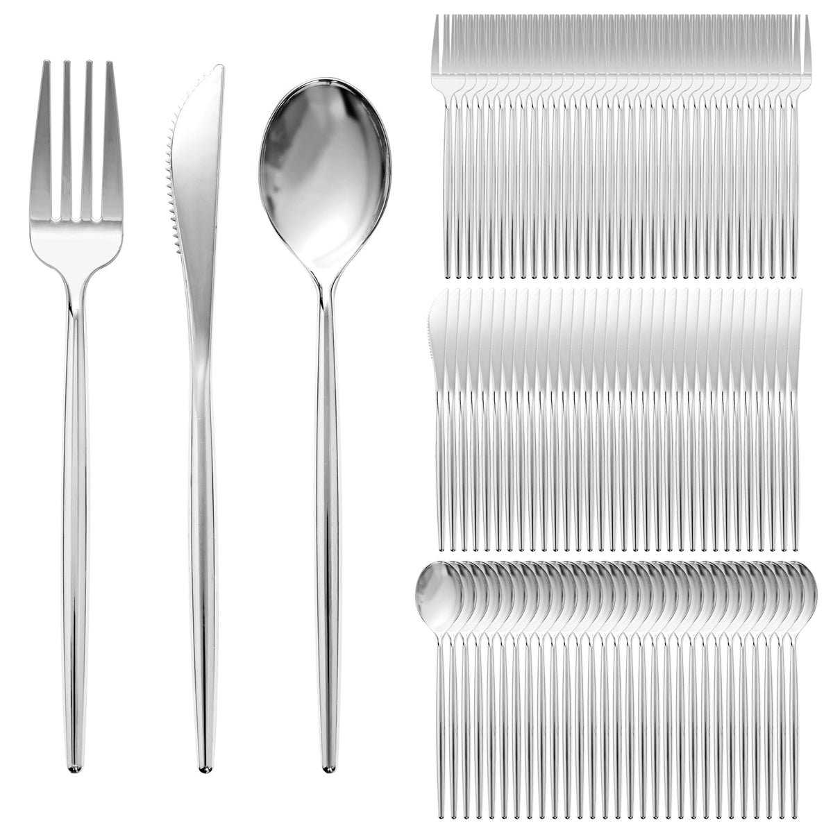 SUT 300PCS Silver Cutlery Set, Heavy Duty Disposable Utensils Include 100 Forks, 100 Spoons and 100 Knives, Premium Flatware for Party, Wedding, Birthday and Catering Events