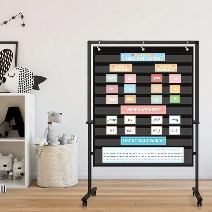 Sight Words Pocket Chart Cards,First 100 Sight Words Flash Cards with Interactive Pocket Chart,25.8"x30.7" Classroom Pocket Chart for Sentence Strips, Vocabulary, Spelling for Home School Use (Black)