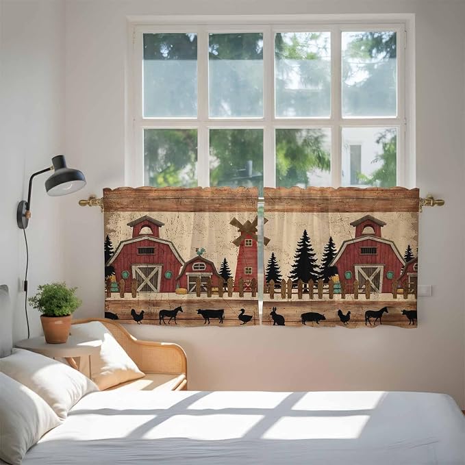 Brown Farmhouse Tier Curtains, Vintage Country Animals Wooden Grain Light