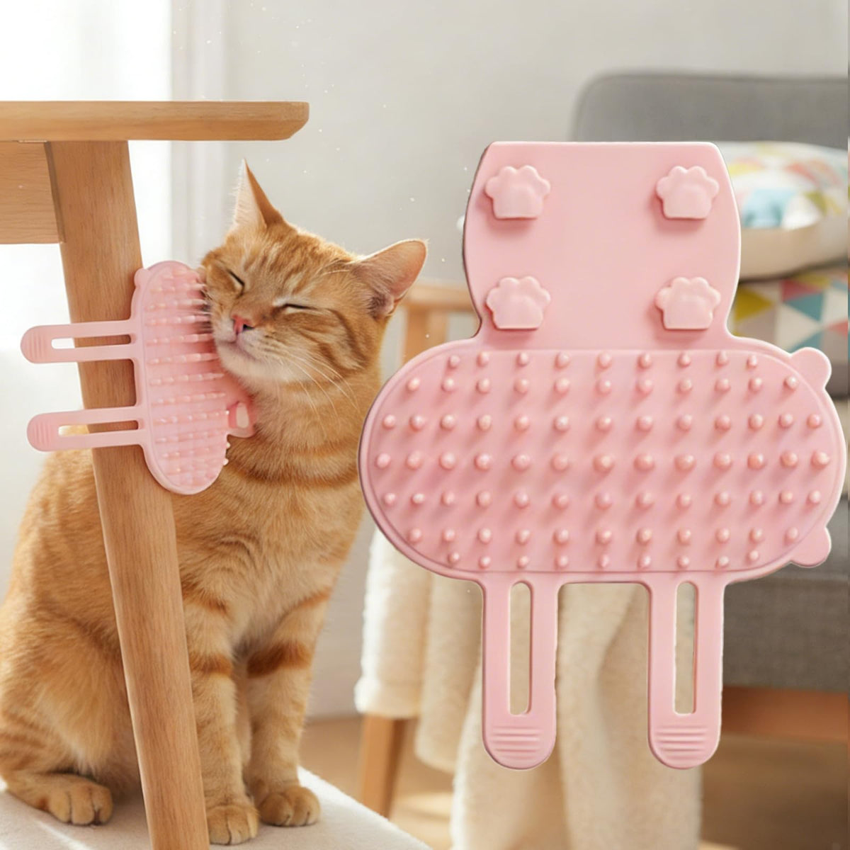 1pc Cat Self Groomer, Silicone Soft Wall Corner Massage Brush with Adjustable Straps, Interactive Scratcher Comb for Indoor Cats & Kittens, Table Leg & Cage Furniture Protector (Pink)