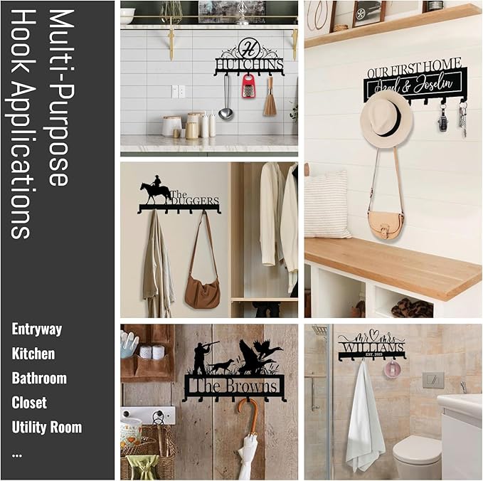 NIWAHO Personalized Family Name Metal Wall Sign with Hooks – Pickup Truck Key Rack Holder Wall Mount Customized Name for Entryway, Mudroom, Garage, or Kitchen Decor