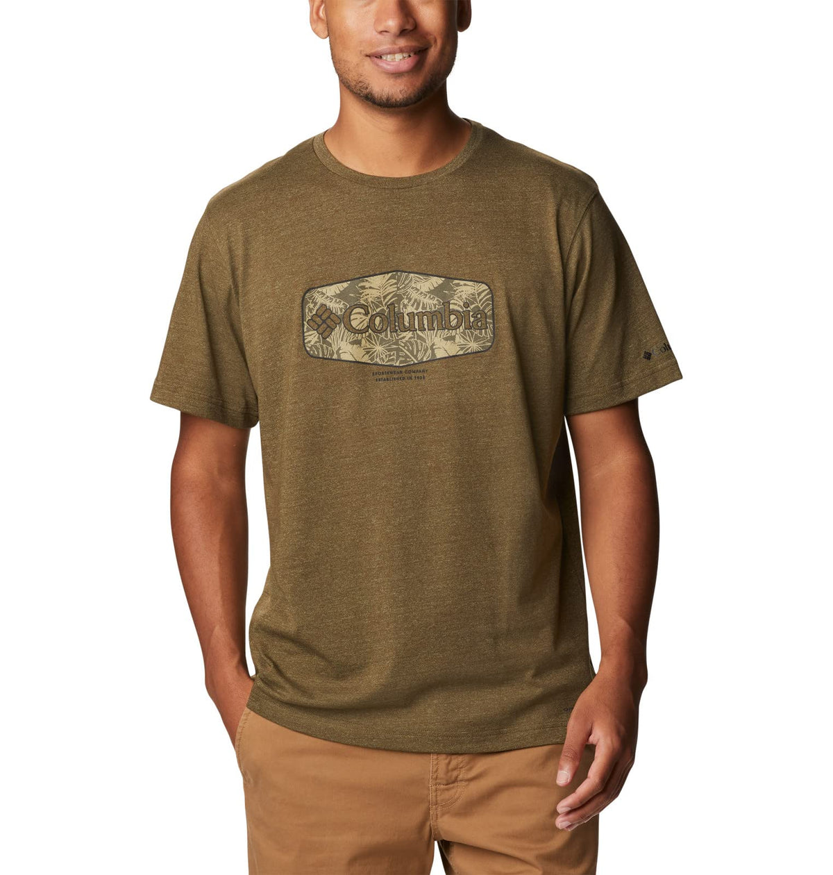 Columbia Men's Thistletown Hills Graphic Short Sleeve, Olive Green Heather/Wanderland Graphic, 5X Big