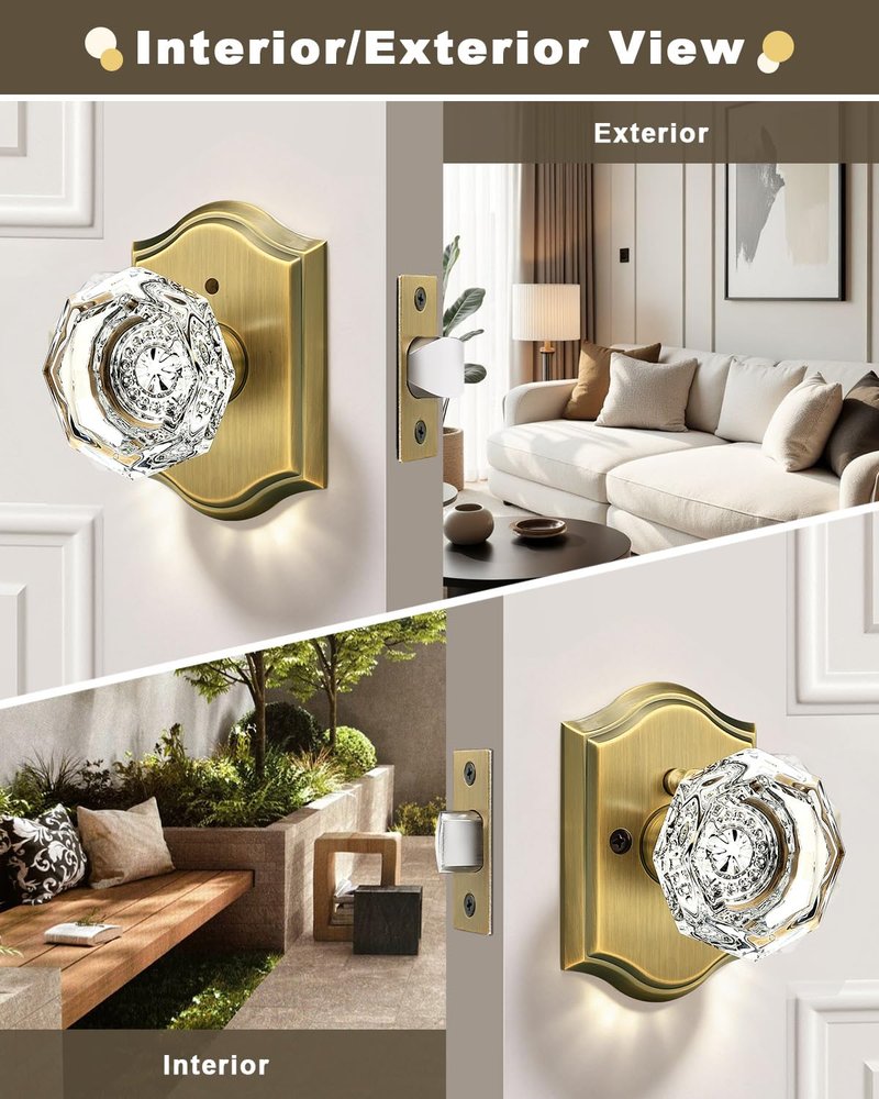 Gobrico Transparent Glass Door Knobset Interior,Privacy Diamond Crystal Door Lockset in Antique Brass,Keyless for Interior Bath/Bed,Push Pin Button Inside Lock?1 Pack