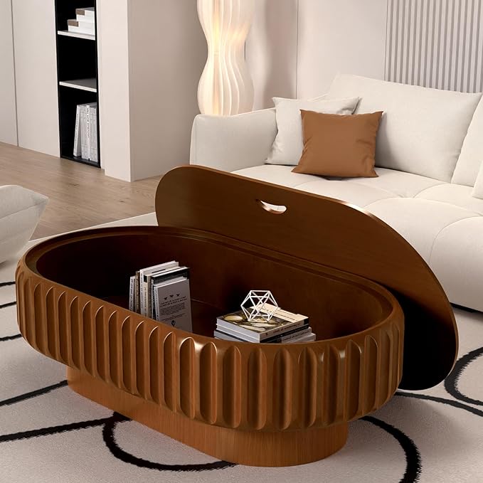 Oval Drum Coffee Table Fluted Coffee Table with Storage Center Table Pedestal End Table for Apartment (43.3in)