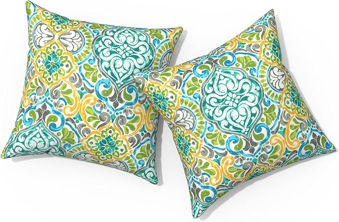 Outdoor Pillows for Patio Furniture 18x18 inch, Square Outdoor Throw Pillows with Inserts, Decorative Toss Pillows for Garden Couch Home Sofa Office Chair, Pack of 2,Damask Green