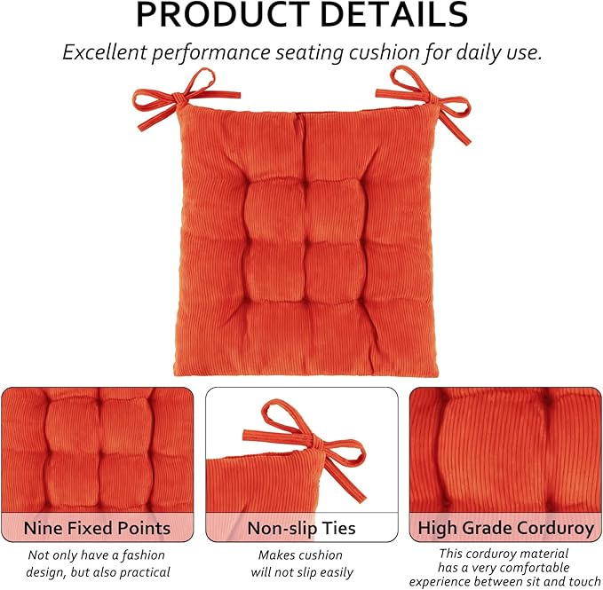 Square Seat Cushion for Kitchen Dining Chairs, Soft & Comfortable 15.5" x 15.5" Chair Pads, 6 Packs, Orange