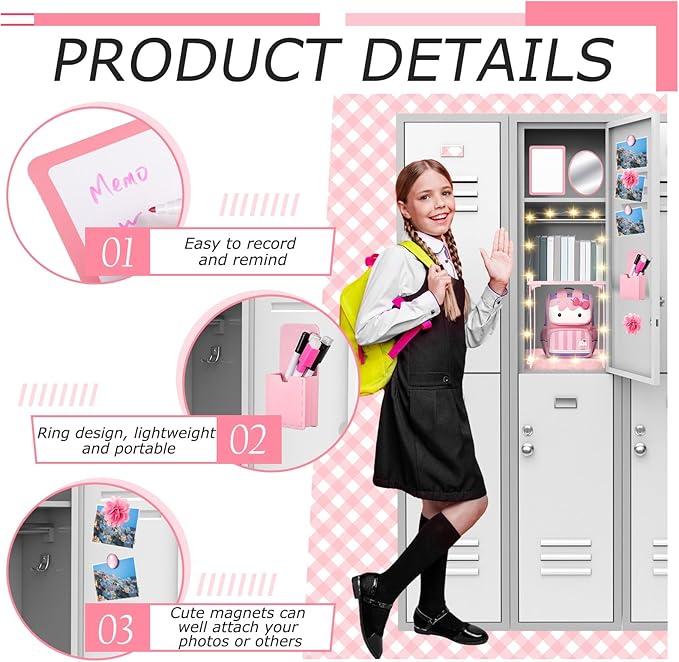 Patelai 11 Pcs Locker Accessories Kit Included Locker Shelf Magnetic Mirror Pen Holder Whiteboard Marker Faux Fur Rug Light String and Magnet for Back to School Essentials(Pink)