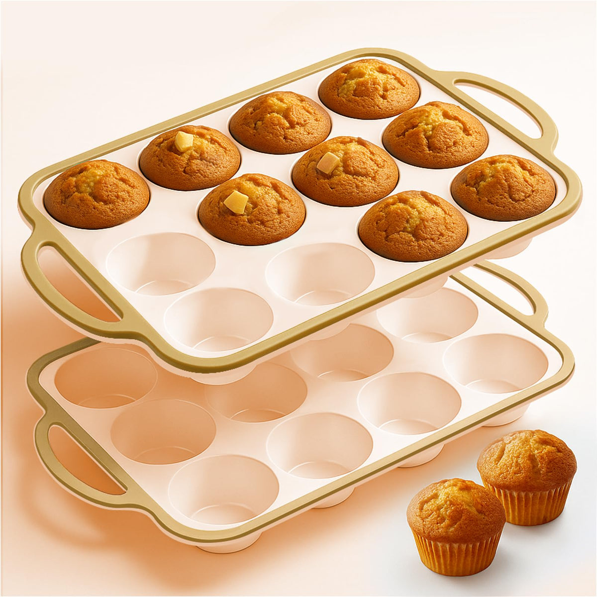 Fimary Silicone Muffin Pans for Baking 2 Pack, 2.6 Inch with Metal Reinforced Frame, Regular Size Nonstick Silicone Cupcake Pan for Baking Homemade Muffins, Cupcakes, Dishwasher Safe BPA Free-Yellow