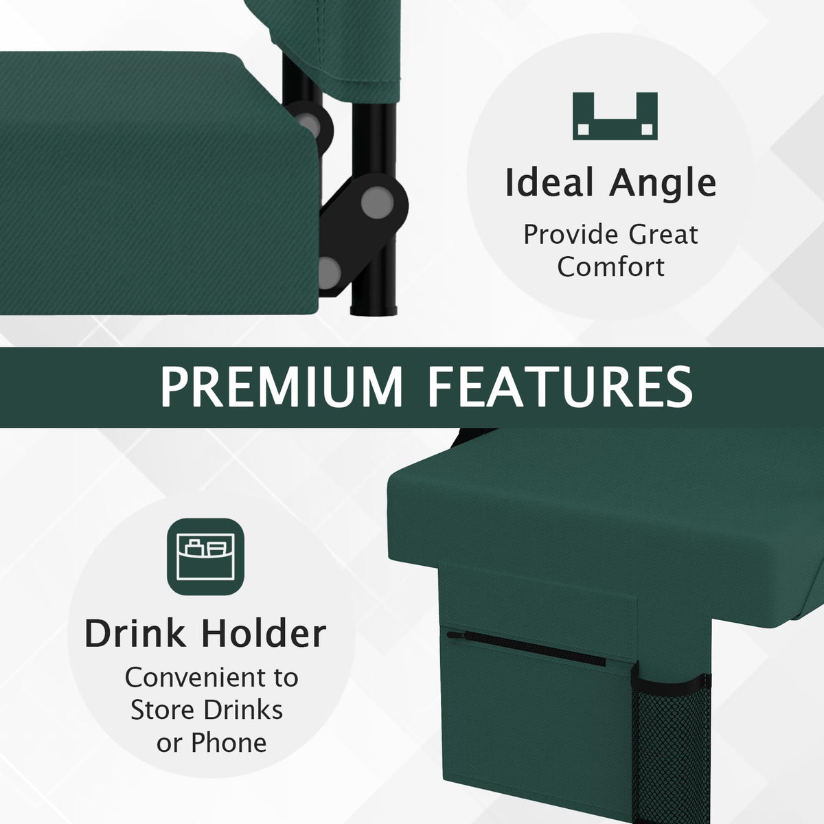 ACIPENSER 2pcs Stadium Seat for Bleachers with Back Support，Portable Bleacher Chairs with Back and Cushion，Includes Shoulder Strap and Cup Holder，Green