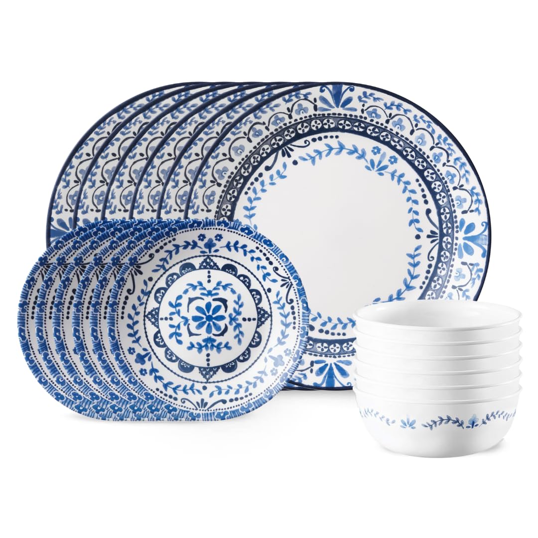 Corelle Vitrelle 18-Piece Service for 6 Dinnerware Set, Triple Layer Glass and Chip Resistant, Lightweight Round Plates and Bowls Set, Portofino