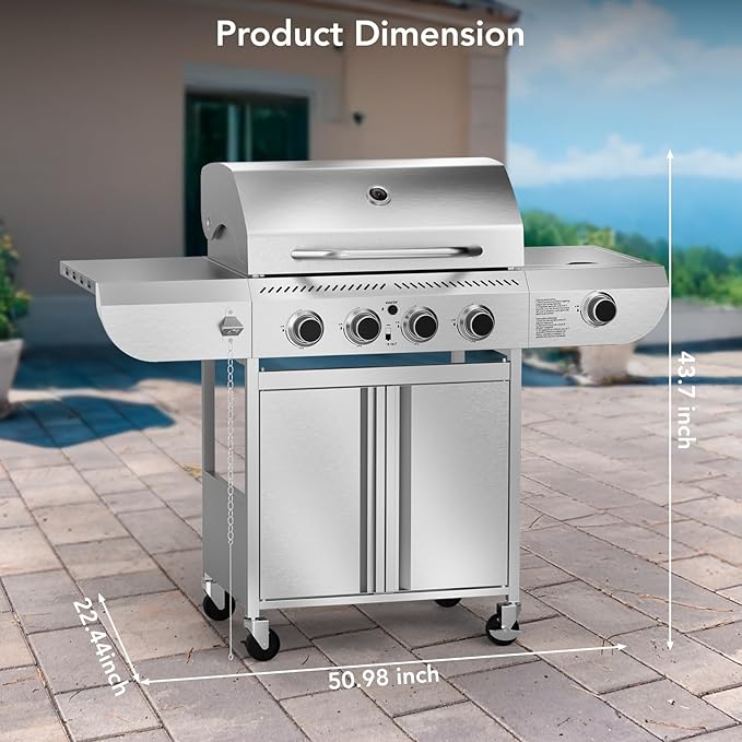 Electactic G41 Pro BBQ Grill,Heavy-Duty Stainless Steel Gas Grill, 4 Burner Gas Grill with Side Burner,42000 BTU Propane Grill for Outdoor Cooking,Barbecue,Garden and Patio Backyard
