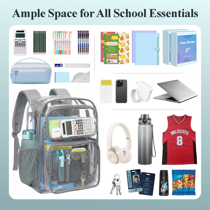 PACKISM Clear Backpack for School - 17 inch Large Heavy Duty Bookbag, Reinforced See Through PVC Transparent Backpack for Students Men Women, Battleship Grey (Age 12+)