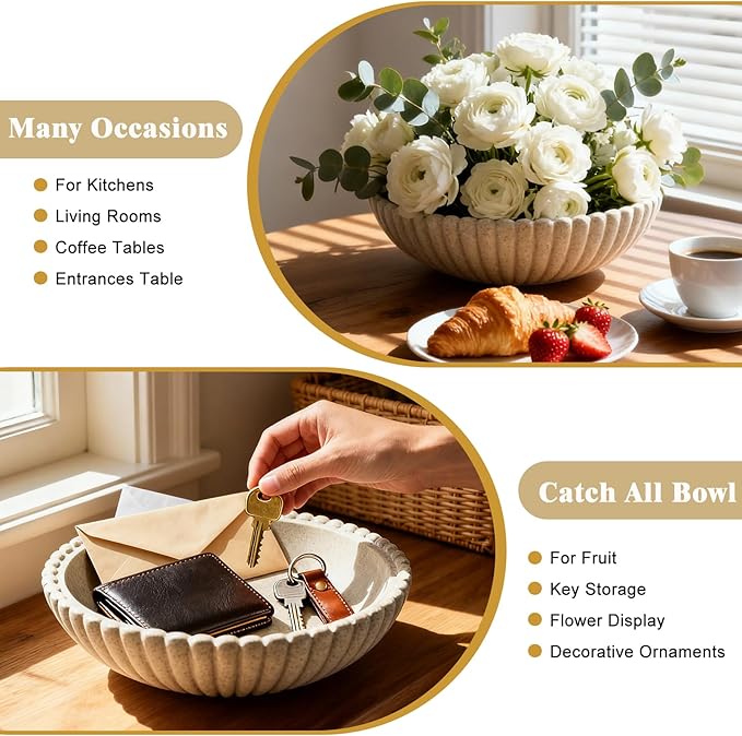 Large 10 Inch Resin Decorative Bowl Handmade Fruit Bowl for Kitchen, Entryway Bowl for Keys & Mail, Countertop Centerpiece for Dining Table Home Decor