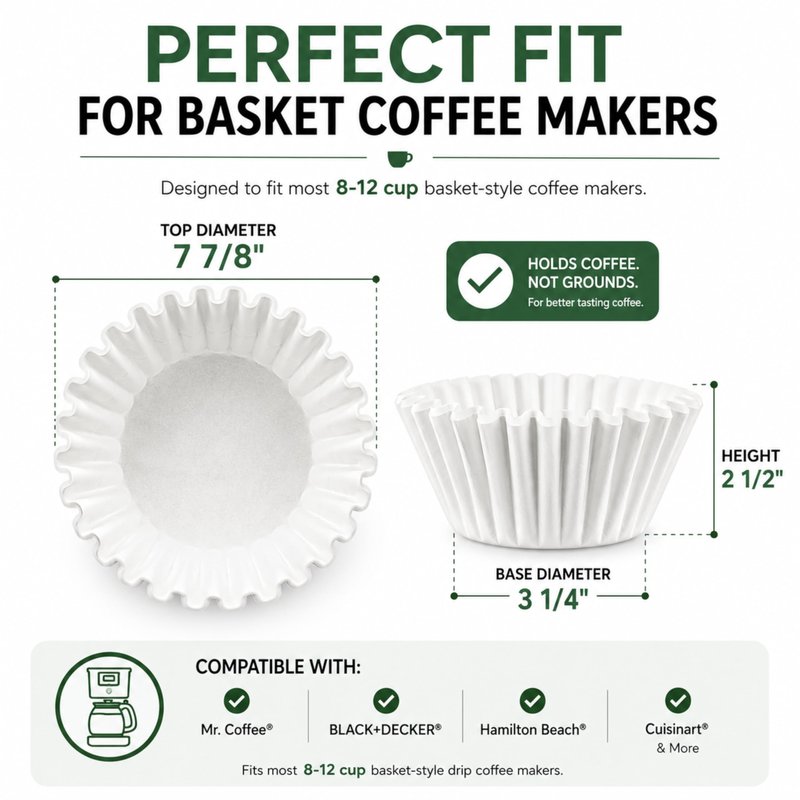 Coffee Filters for 8-12 Cup, 100 Count White Basket Coffee Filters, Strong & Tear Resistant Disposable Paper, Compatible with Most Basket Coffee Makers