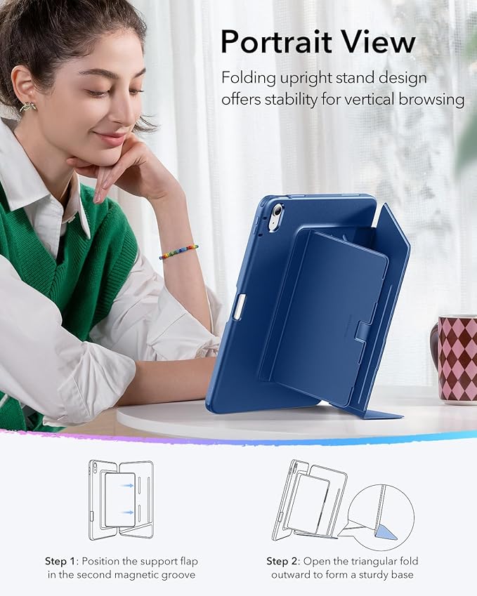 ESR for iPad A16 Case, iPad 11th/10th Generation Case (2025/2022), Vertical Stand Cover, Multi Stand Angles, Ultra-Stable Cover with Pencil Holder, Flip Series, Blue | (2025/2022), Multi Stand Angles, Ultra-Stable Cover, with Pencil Holder, Blue