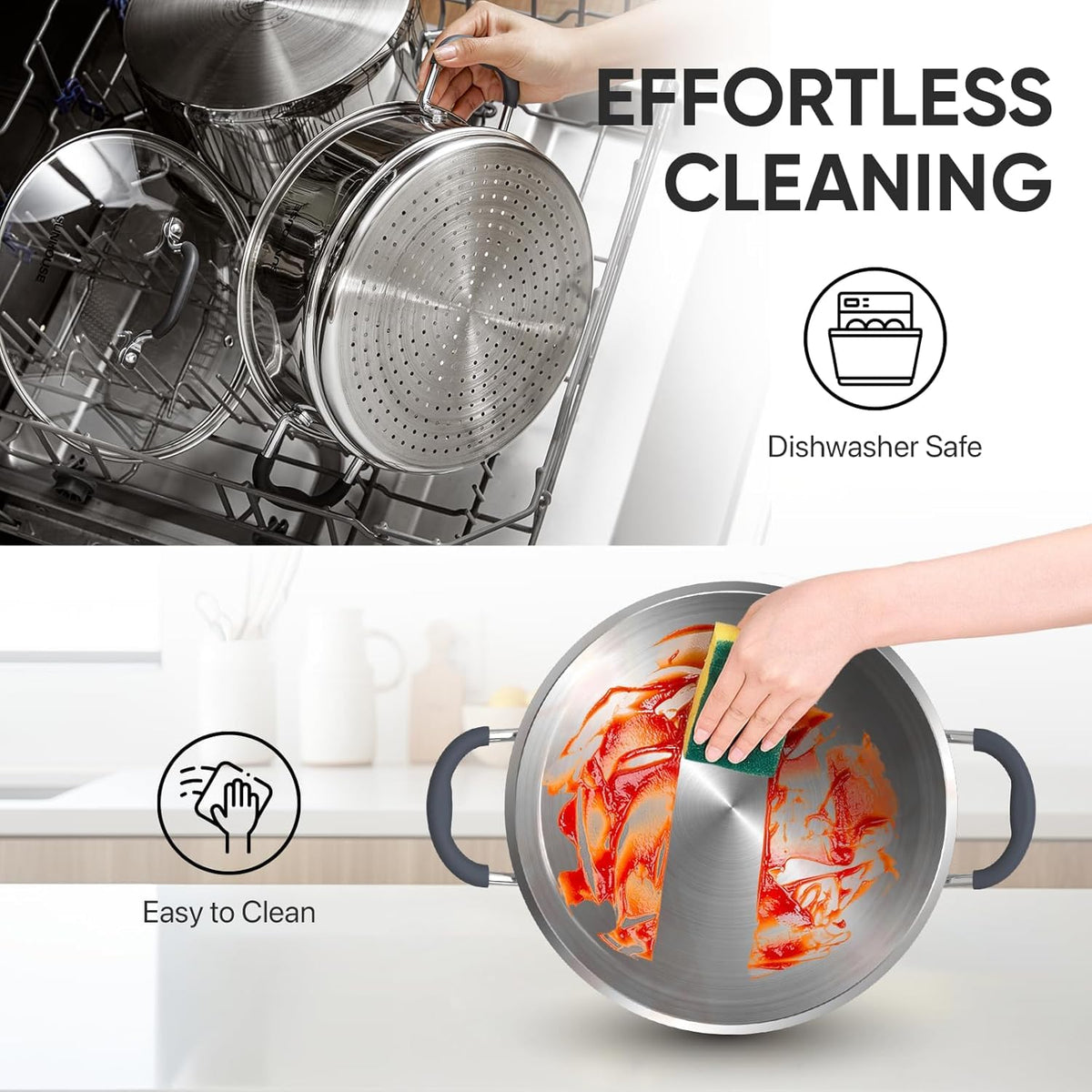 Sunhouse: 2-Tier Stainless Steel Steamer Pots - 5.5 Quart - Tempered Glass Lid, 3-Ply Bottom, Vegetable-Dumpling-Food Cookware, Dishwasher & Oven Safe