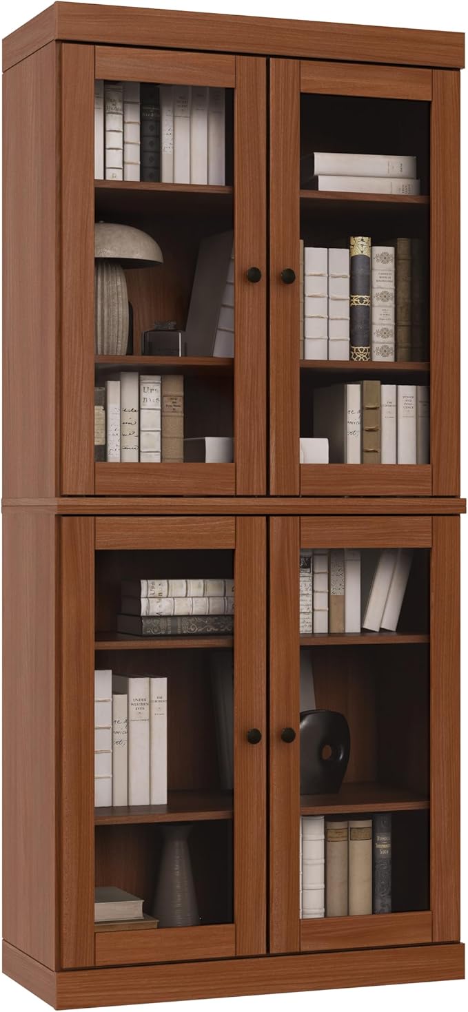 Palace Imports Solid Wood Bookcase - 6-Tier Tall Bookshelf, 71.5” H x 32” W - Mocha, Clear Glass Cabinet Doors & Adjustable Shelves for Living Room, 100% Renewable Eco-Friendly Wood, Made in Brazil