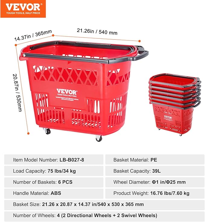 VEVOR 6 PCS Shopping Baskets, 39L Large Plastic Rolling Shopping Basket with Wheels, Shopping Carts with Handles, Portable Shopping Basket Set for Supermarkets, Grocery Shopping, Retail Stores, Red