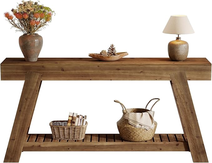 Solid Wood Console Table, 62.9-Inch Long Narrow Entryway Sofa Table with Storage Shelf for Living Room Hallway Entrance
