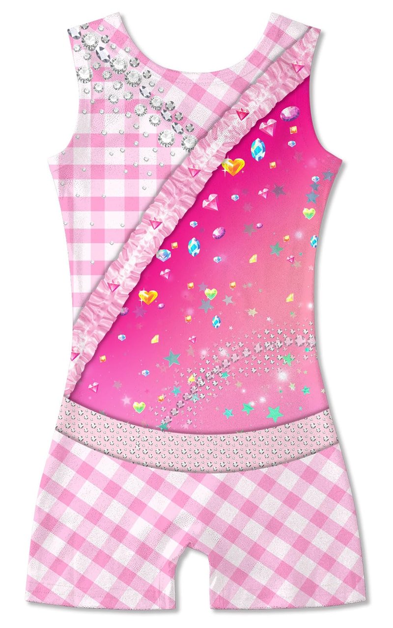Funnycokid Gymnastics Leotards for Girls Toddler Dance Unitards with Shorts, Pink checkered diamonds, 3-4T