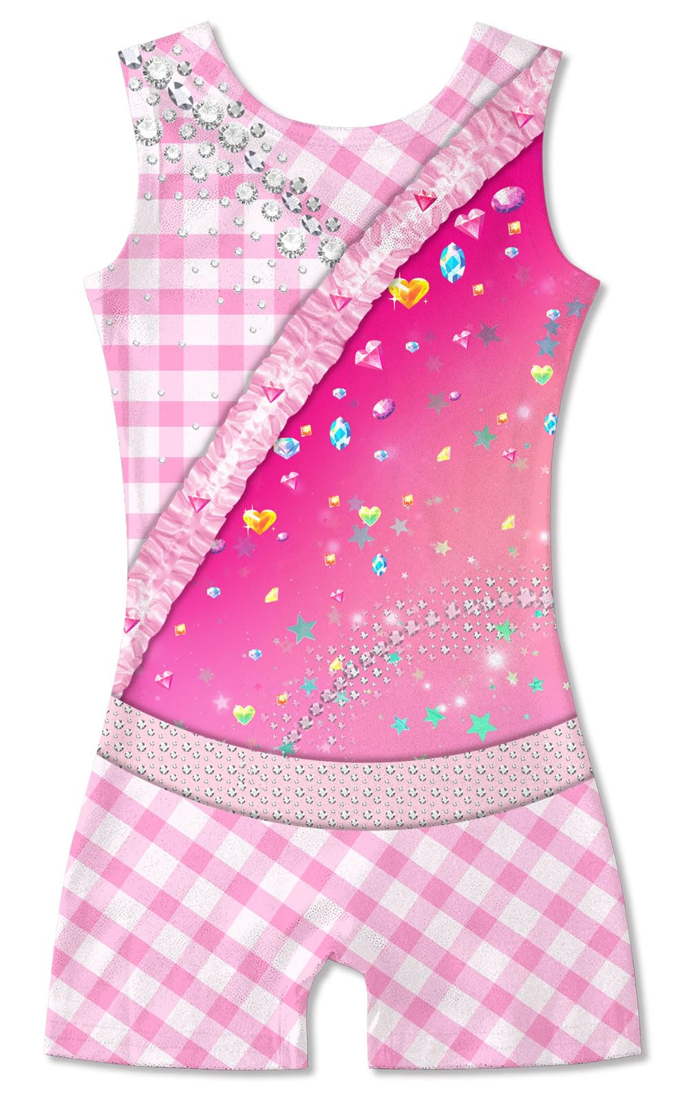 Funnycokid Gymnastics Leotards for Girls Dance Sparkly Unitard with Shorts, Pink checkered diamonds, 7-8 Years