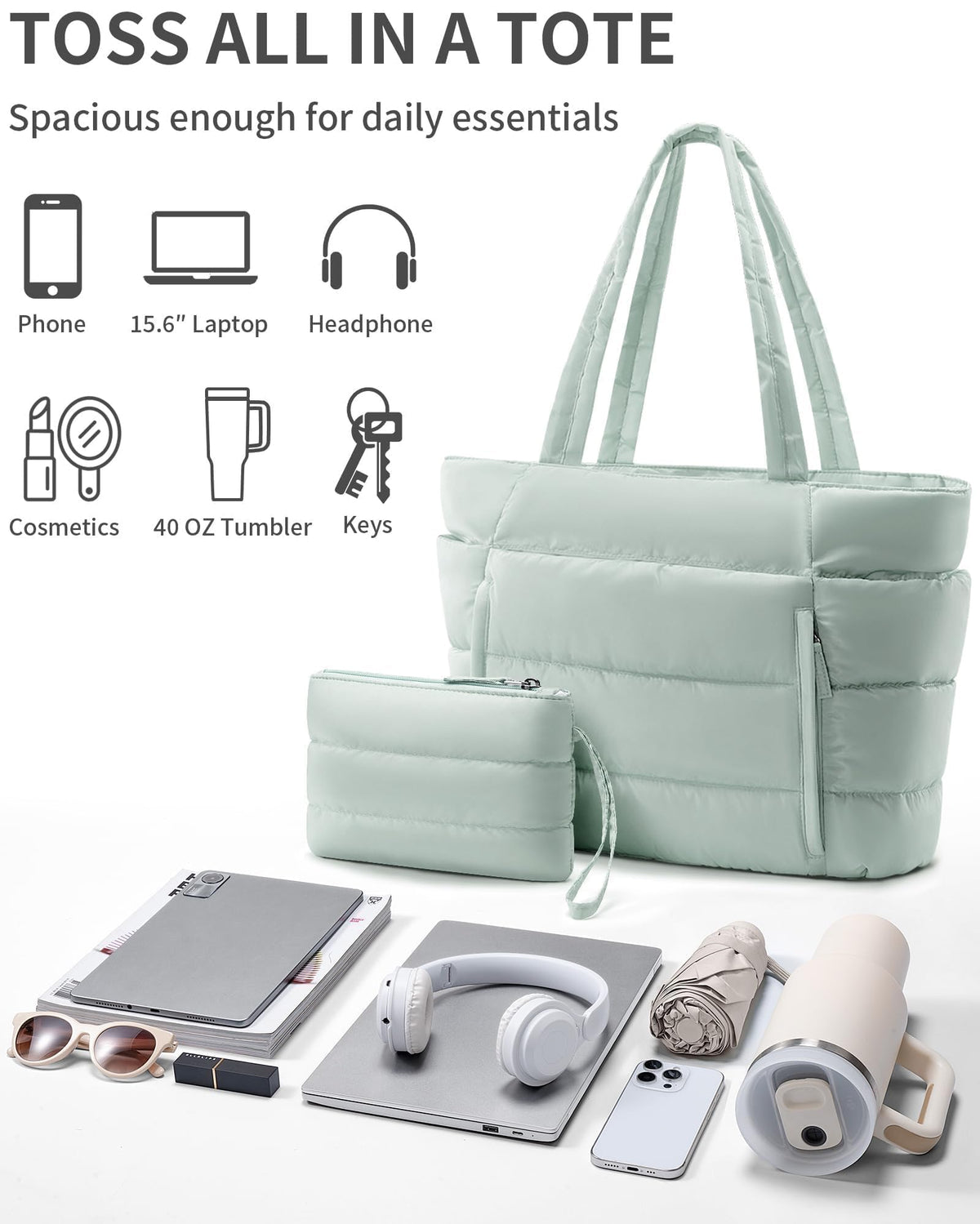 Bagstellar Puffer Tote Bag for Women, Lightweight Puffy Work Handbag Teacher Nurse Quilted Shoulder Bag for School Travel Gym