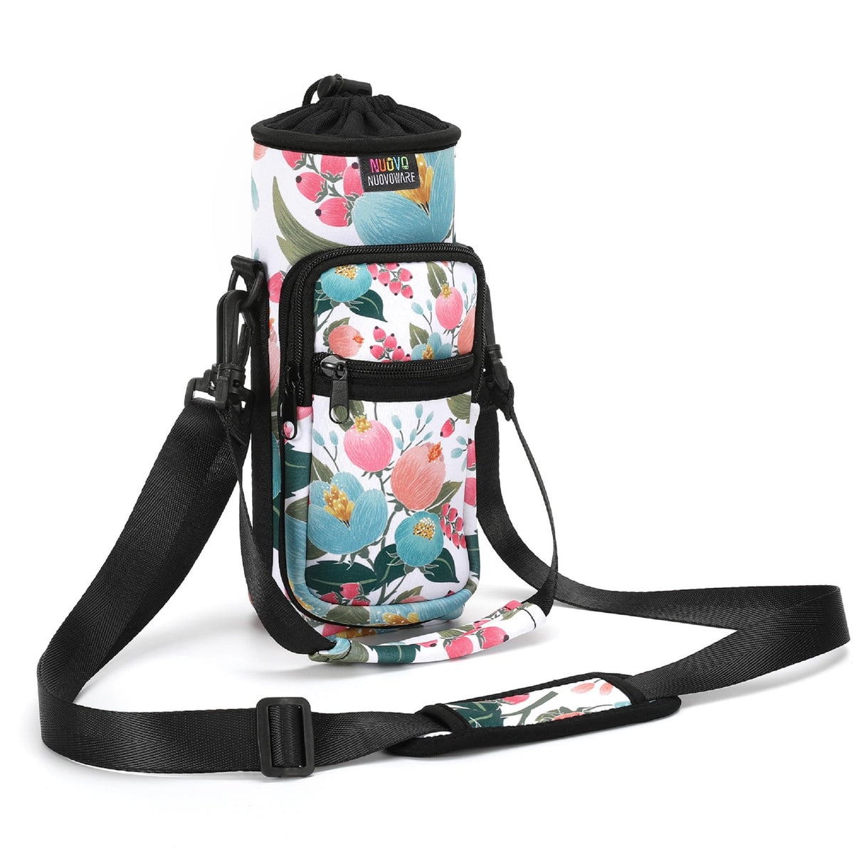 Nuovoware Water Bottle Carrier Bag, 64oz Bottle Pouch Holder, Adjustable Shoulder Hand Strap 2 Pocket Sling Neoprene Sleeve Sports Water Bottle Accessories for Gym Hiking Travelling, Pink Rose