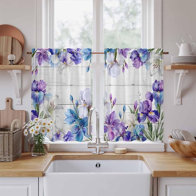 Spring Flowers Tier Curtains, Watercolor Garden Florals Wooden Grain Light