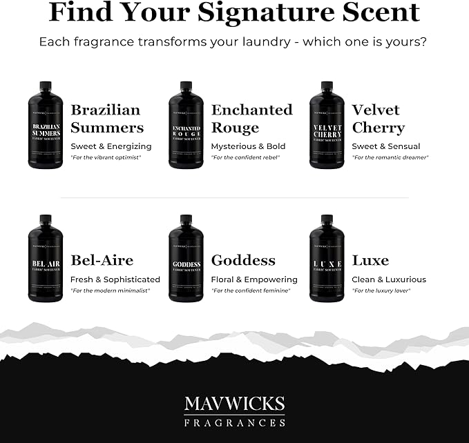 Mavwicks Fragrances - Luxury Scented Liquid Fabric Softener (Bel-Aire) 32 Oz – Crafted with Clean Ingredients – Reduces Static, and Softens Clothes – Safe for All Fabrics and Skin
