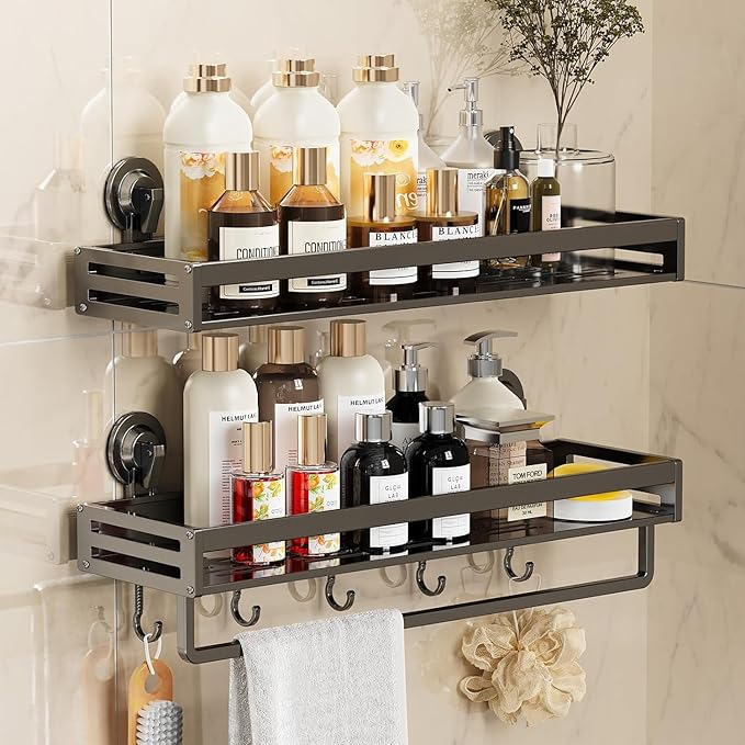 Shower Caddy Suction Cup, 11.8 inch 2 Pack Suction Shower Shelf with Hooks NO-Drilling Bathroom Holder, Rustproof Bathroom Organizer, Dark Grey