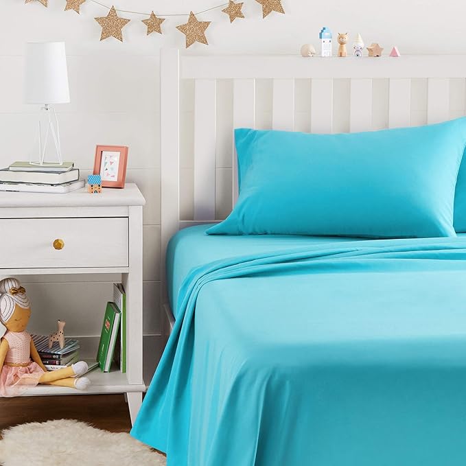 Amazon Basics Kid's Soft Easy-Wash Lightweight Microfiber 3-Piece Sheet Set, Twin, Bright Aqua, Solid (Pack of 4)
