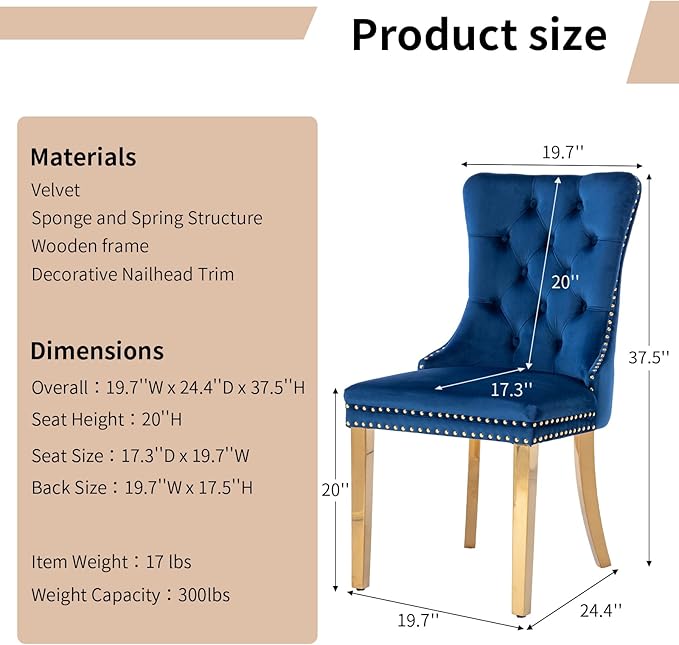 Luxury Upholstered Dining Chairs Set of 4, Blue Kitchen Chair with Golden Metal Legs, Velvet Tufted Back Dining Chair, Sillas de Comedor, Modern Kitchen & Dining Room Chairs (Blue, 4 Pcs)