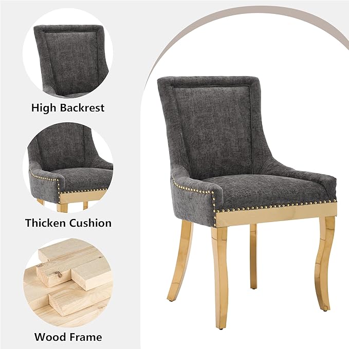 Luxury Fabirc Upholstered Dining Chairs Set of 4,Neutral Chenille Kitchen Room Chair with Nailhead Trim,4 Piece Modern Side Chairs for Dining Room,Living Room,Bar (Grey-Gold, Set of 4)