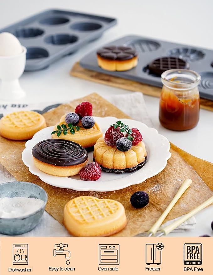 2 Pack Silicone Chocolate Muffin Molds,Round &Heart Shape Baking Pan 6 Cavites Flower Silicone Baking Mold for Ice Jello Cookies Mini Cake Macaron Waffle Cupcake Desserts Making