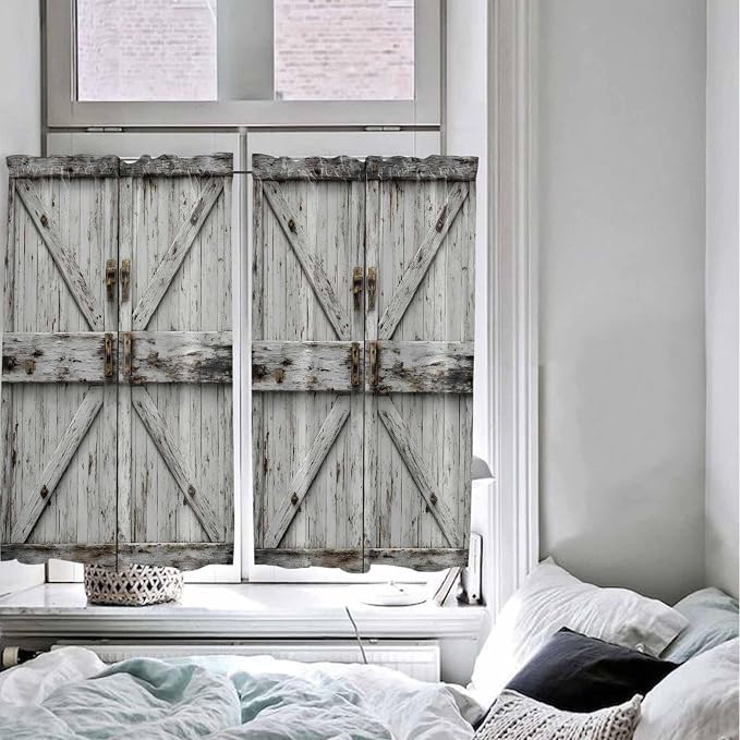 Vintage Gate Tier Curtains 45 Inches Long, Farmhouse Wooden Grain Shabby Chic
