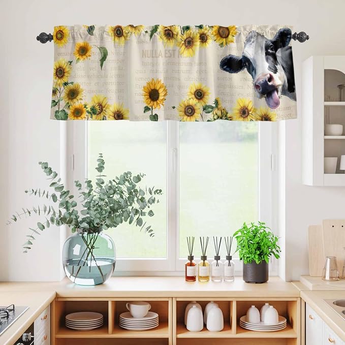 Kitchen Curtains Tiers and Valance Set of 3, Cow Sunflowers Light Filtering
