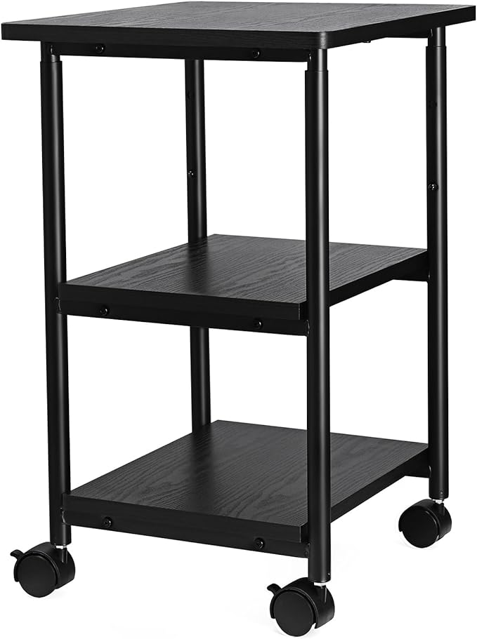 VASAGLE Heavy-Duty Printer Stand with Locking Wheels, 3-Tier Industrial Mobile Cart with Storage Shelf, Printer Table for Home, Office, 26.2-30.1" Adjustable Height, Ebony Black UOPS03B