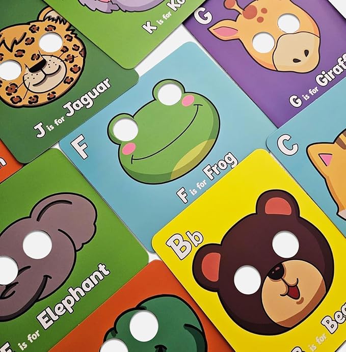 Alphabet ABC Flash Cards with Animal Masks, 26 Giant Animal mask Alphabet Cards, nteractive Education Games, Uppercase & Lowercase Learning Games，Colorful Mask Flashcards