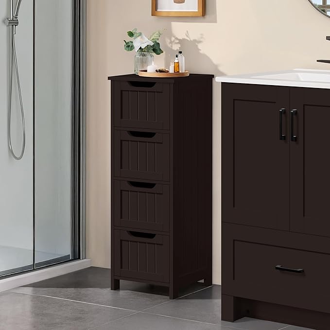 Yaheetech Bathroom Floor Cabinet, Wooden Side Storage Organizer, 4 Drawers Free-Standing Cabinet for Bathroom/Hallway/Living Room, Espresso