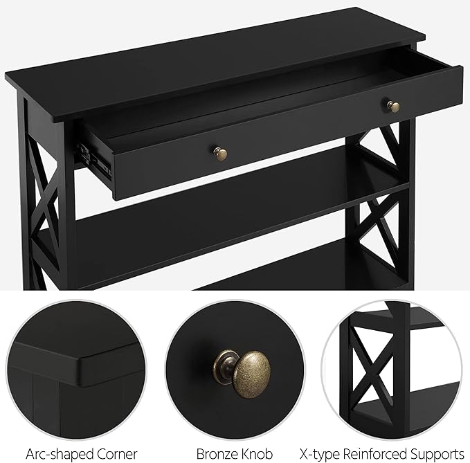 Yaheetech Console Table with Drawer, 39.5 Inch Narrow Sofa Table with Storage Shelves, 3-Tier Wood Entryway Table for Hallway/Living Room/Foyer, Black
