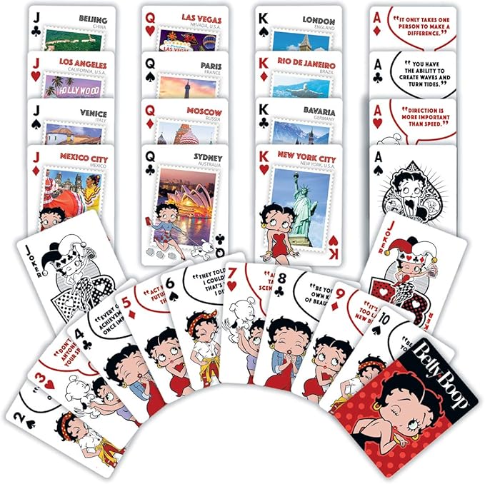 Masterpieces Betty Boop Playing Cards, Officially Licensed Classic Cartoon Deck, Vintage Travel Landmark Artwork, Standard Poker Size, 52 Card Set with Jokers, Collectible Betty Boop Gifts for Women